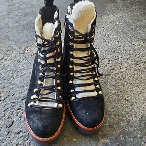 Jeffrey Campbell Sherpa-Lined Boots 7 Black Suede Lace Zip Up Culver